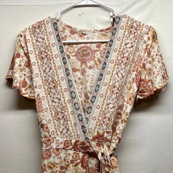 Tie Front Wrap Dress Women's Medium Multicolor Floral Rayon Blend Flowy GUC - Picture 2 of 13